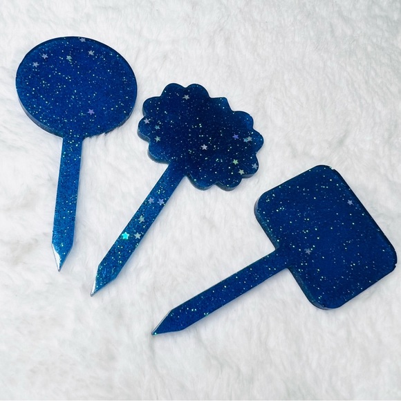 Blue Glitter Plant Markers Set of 3 Hand Crafted Resin Gift Set Cake Toppers - Picture 3 of 7